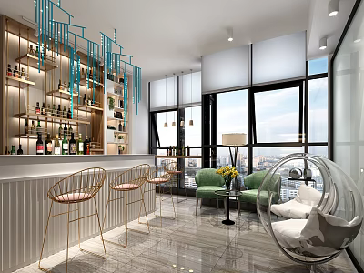 Modern Entertainment Room With Bar Wine Bottles Gold Stools Green Sofa Spherical Chair And Large Windows 3d model