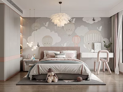 Kids Room Interior With Hot Air Balloon Wallpaper Bed Pendant Light Desk Chair Plush Toys 3d model