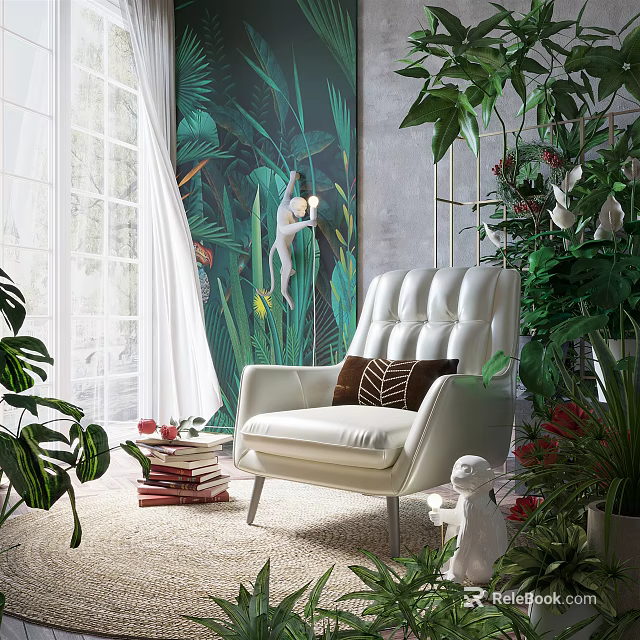 White Leather Accent Chair With Brown Pillow In Tropical Mural Green Plants Natural Light Room 3d model 