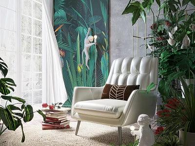 White Leather Accent Chair With Brown Pillow In Tropical Mural Green Plants Natural Light Room 3d model