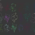 Golden Botanical Silhouettes Of Various Flowers And Plants On Black Background