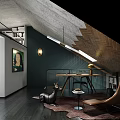 Modern Study Room Interior With Sloped Ceiling Desk Chair Lamp And Bookshelf