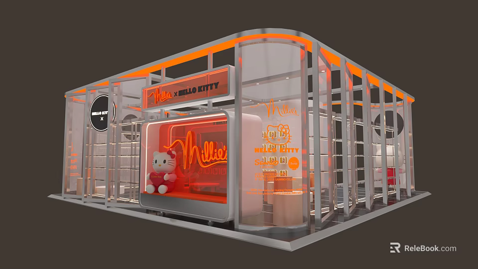 Modern Exhibition Booth With Hello Kitty Miller Branding Orange Lighting And Transparent Glass Structure 3d model 
