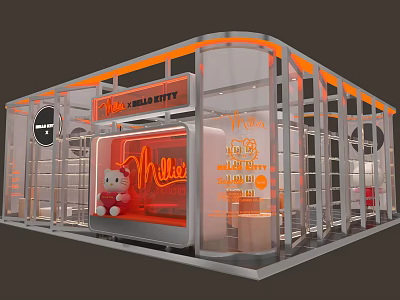 Modern Exhibition Booth With Hello Kitty Miller Branding Orange Lighting And Transparent Glass Structure 3d model