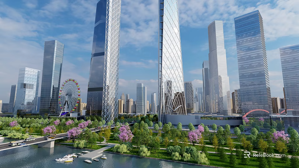 Birds Eye View Planning of Modern Cityscape with Skyscrapers Ferris Wheel River and Green Spaces 3d model 