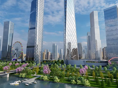 Birds Eye View Planning of Modern Cityscape with Skyscrapers Ferris Wheel River and Green Spaces 3d model