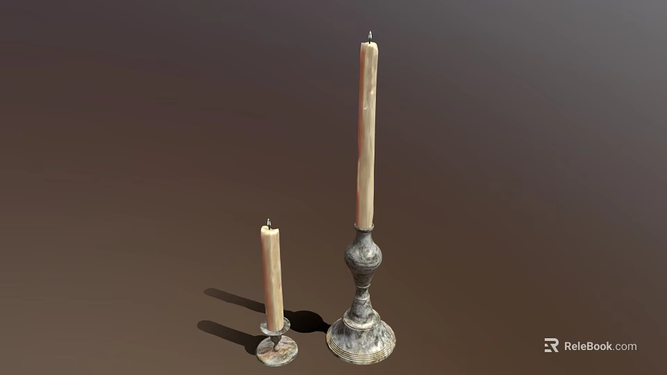 Decorative Metal Candle Holders in Two Different Heights with White Candles and Ornate Base Design 3d model 