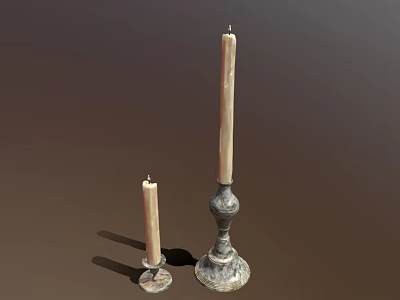 Decorative Metal Candle Holders in Two Different Heights with White Candles and Ornate Base Design 3d model