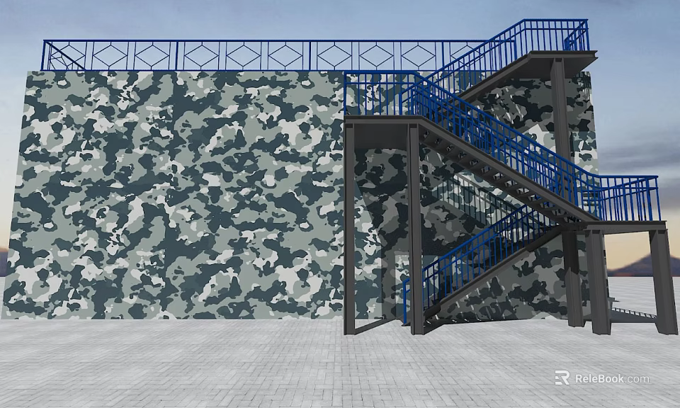 Outdoor Metal Staircase Featuring Blue Railings And Camouflage Patterned Wall Design 3d model 