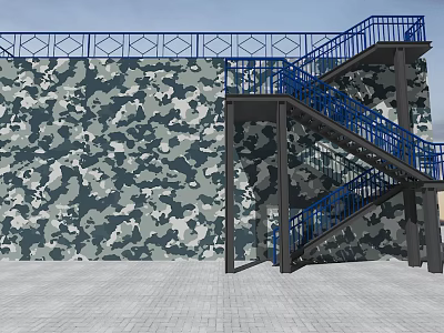Outdoor Metal Staircase Featuring Blue Railings And Camouflage Patterned Wall Design 3d model