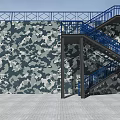 Outdoor Metal Staircase Featuring Blue Railings And Camouflage Patterned Wall Design