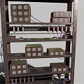 Computer Hardware Storage Rack With Stacked Shelves Holding Various Electronic Components 3d model