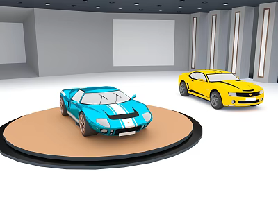 Blue Sports Car With White Stripes And Yellow Sports Car In Exhibition Display Space 3d model