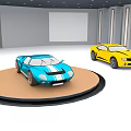 Blue Sports Car With White Stripes And Yellow Sports Car In Exhibition Display Space