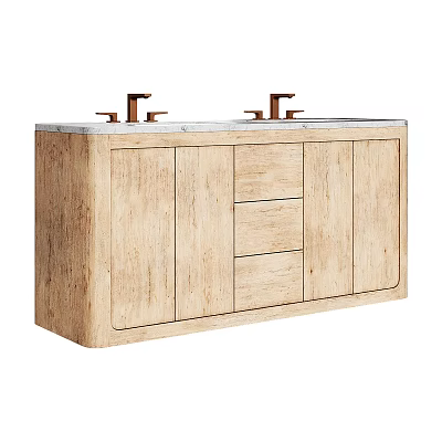 Natural Wood Bathroom Vanity With Marble Top Double Faucets Cabinet Doors And Drawers 3d model