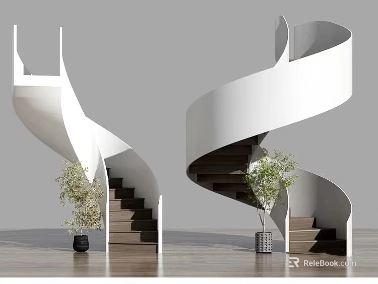 Modern Spiral Staircase Design With White Structure Dark Steps Green Plant And Wooden Floor 3d model 