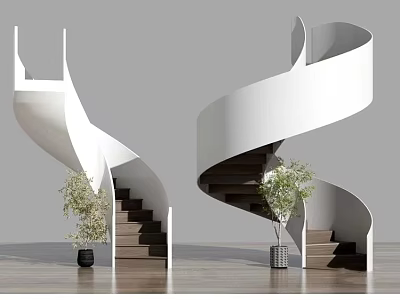 Modern Spiral Staircase Design With White Structure Dark Steps Green Plant And Wooden Floor 3d model