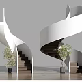 Modern Spiral Staircase Design With White Structure Dark Steps Green Plant And Wooden Floor