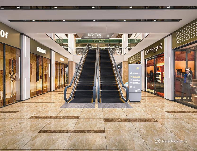 Shopping Mall Escalator Area With Stores And Tiled Floors 3d model