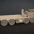 Khaki Military Truck With Large Tires Flatbed Trailer And Spare Tire On Roof