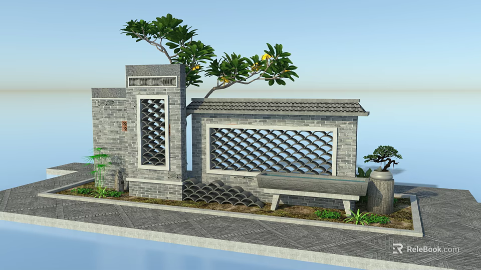 Scenic Gray Brick Garden Wall With Decorative Lattice Panels Green Plants And Stone Bench 3d model 