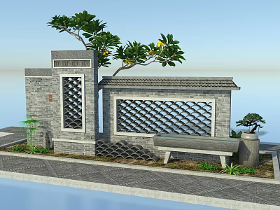 Scenic Gray Brick Garden Wall With Decorative Lattice Panels Green Plants And Stone Bench 3d model