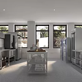 Professional Modern Commercial Kitchen Interior With Stove Range Hood Worktables Storage Cabinets And Windows