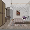 Hotel Guest Room With Warm Lighting Bamboo Door White Canopy Striped Blanket And Colorful Pillows