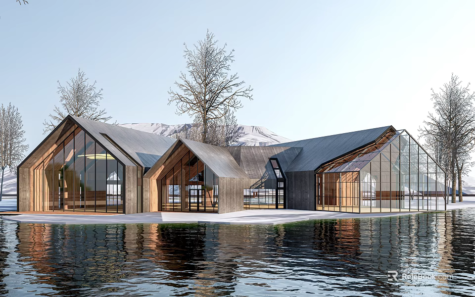 Modern Wooden Visitor Center With Glass Walls By Waterfront And Mountain Backdrop 3d model 