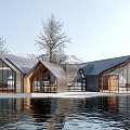 Modern Wooden Visitor Center With Glass Walls By Waterfront And Mountain Backdrop