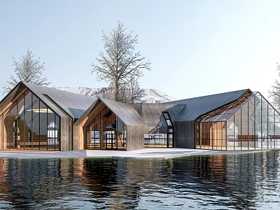 Modern Wooden Visitor Center With Glass Walls By Waterfront And Mountain Backdrop 3d model
