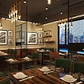 Cozy Restaurant Interior With Hanging Chandeliers Wooden Tables Green Chairs And Large Windows