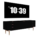 Black TV Stand with Textured Front Drawers and Wooden Legs Under TV Screen Displaying Time