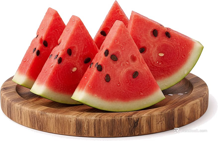 Fresh Juicy Watermelon Slices On Wooden Tray With Red Flesh And Black Seeds 3d model 