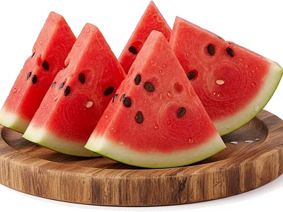 Fresh Juicy Watermelon Slices On Wooden Tray With Red Flesh And Black Seeds 3d model