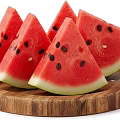Fresh Juicy Watermelon Slices On Wooden Tray With Red Flesh And Black Seeds