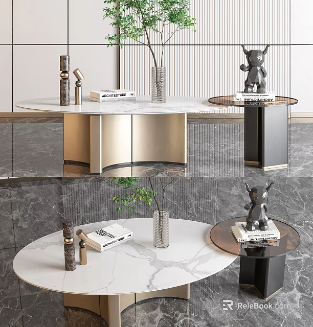 Modern Coffee Table With Marble Top Gold Black Metal Base And Decorative Vase Books Statue 3d model 