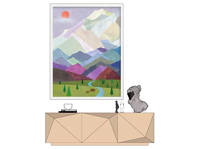 Colorful Mountain Painting With Sun Deer Trees And Geometric Cabinet With Pet Dog 3d model