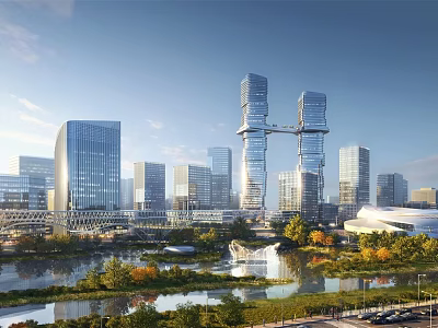 Modern High Rise Office Buildings in Urban Cityscape With Riverfront Greenery and Contemporary Architecture 3d model