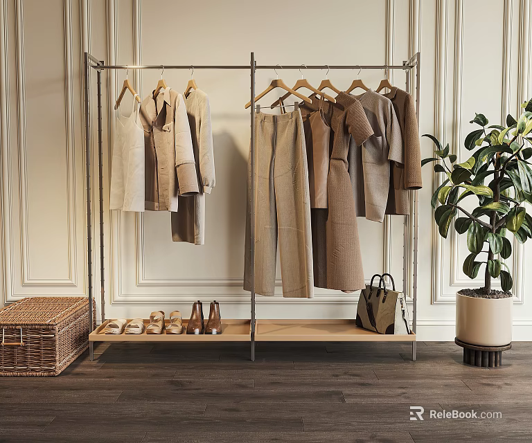 Clothing Rack with Hanging Clothes Shelf Shoes and Bag Near Indoor Plant 3d model 
