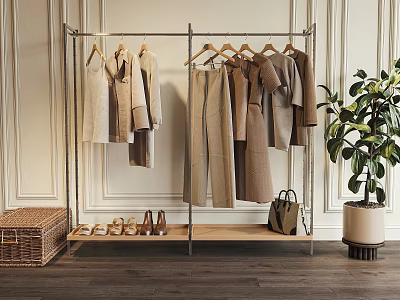 Clothing Rack with Hanging Clothes Shelf Shoes and Bag Near Indoor Plant 3d model