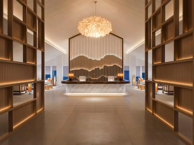 Elegant Modern Hotel Lobby Interior Design With Grand Chandelier And Marble Reception Desk 3d model