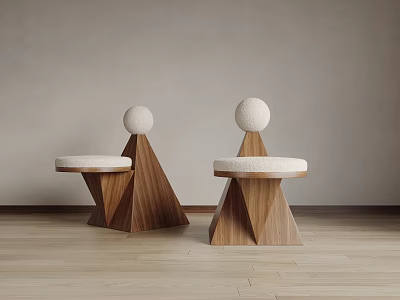 Modern Single Chair Design With Wooden Triangular Base Round Ball Ornament And Light Padded Seat 3d model