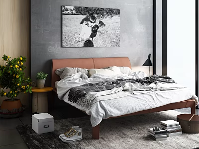 Double Bed Interior With Brown Headboard White Sheets Gray Blanket And Black White Painting 3d model