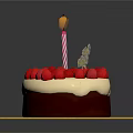 Fresh Strawberry Topped Birthday Cake With Lit Candle And Happy Birthday Topper