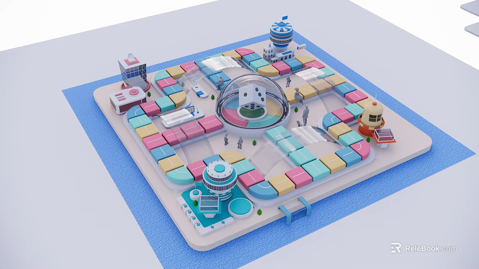 Cartoon Scene With Colorful Blocks Transparent Circular Building And Small Figures 3d model 