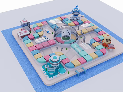 Cartoon Scene With Colorful Blocks Transparent Circular Building And Small Figures 3d model