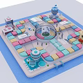 Cartoon Scene With Colorful Blocks Transparent Circular Building And Small Figures