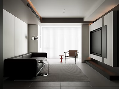 Modern Living Room Interior Design With Black Sofa TV Chair And Area Rug 3d model
