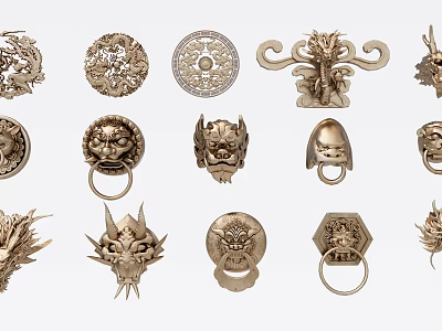 Ornate Golden Metal Door Knockers With Dragon Lion Head Motifs And Decorative Designs 3d model
